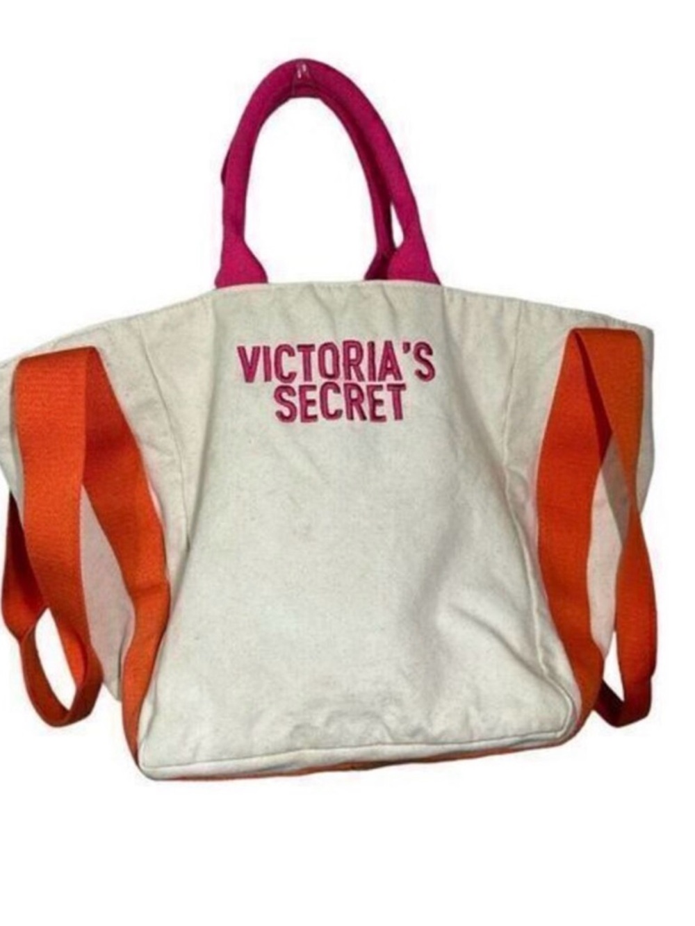 NWT Victoria's Secret Bombshell Beach Tote Bag Cream with Pink Logo Orange Strap